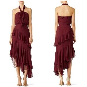 Cinq a Sept Valle Burgundy Silk Ruffle Halter Midi Dress Asymmetrical Hem